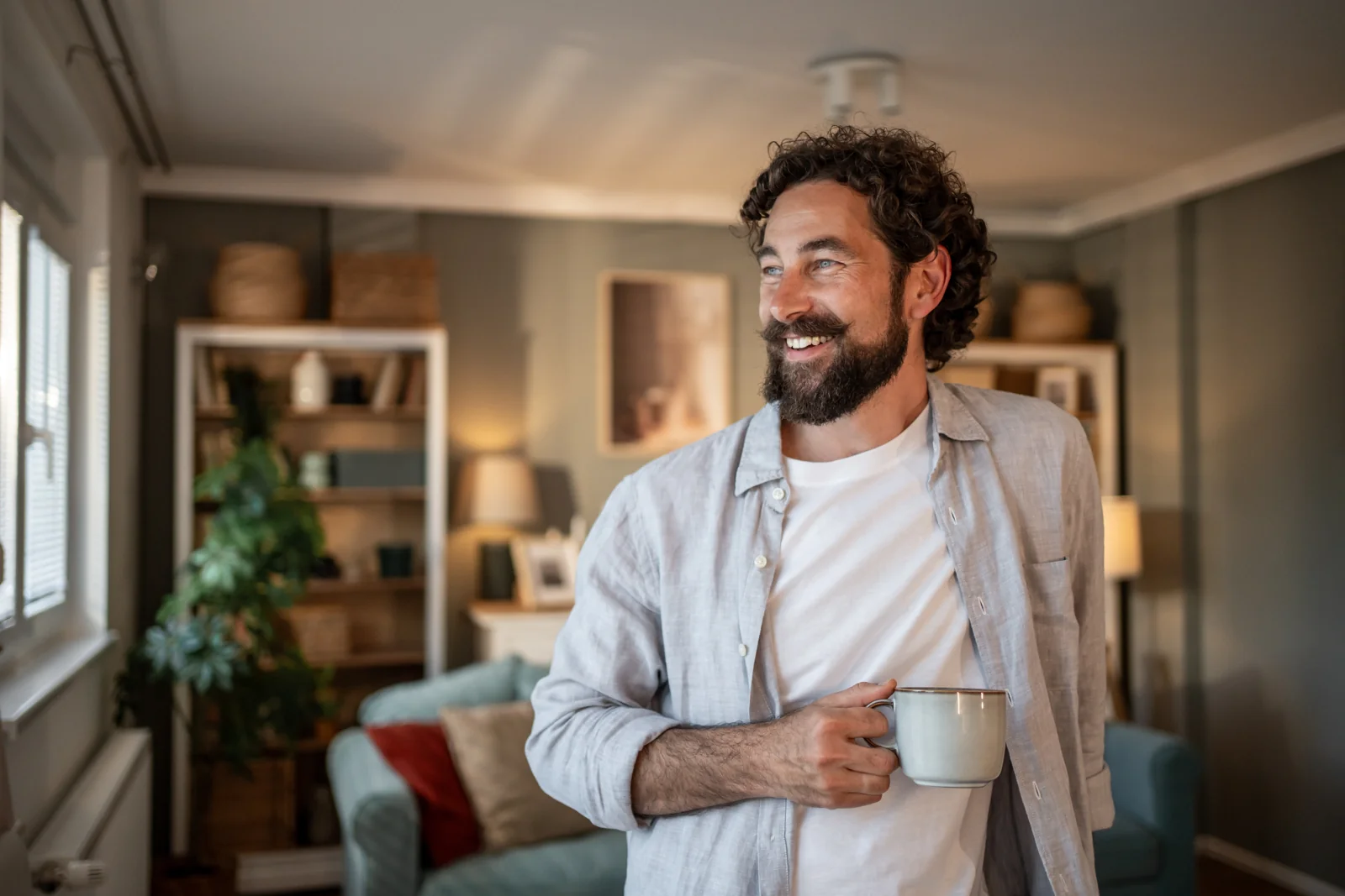A man holding a mug in a bright living room and looking to one side.